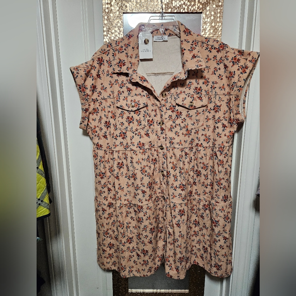 Corduroy floral cap sleeve long top